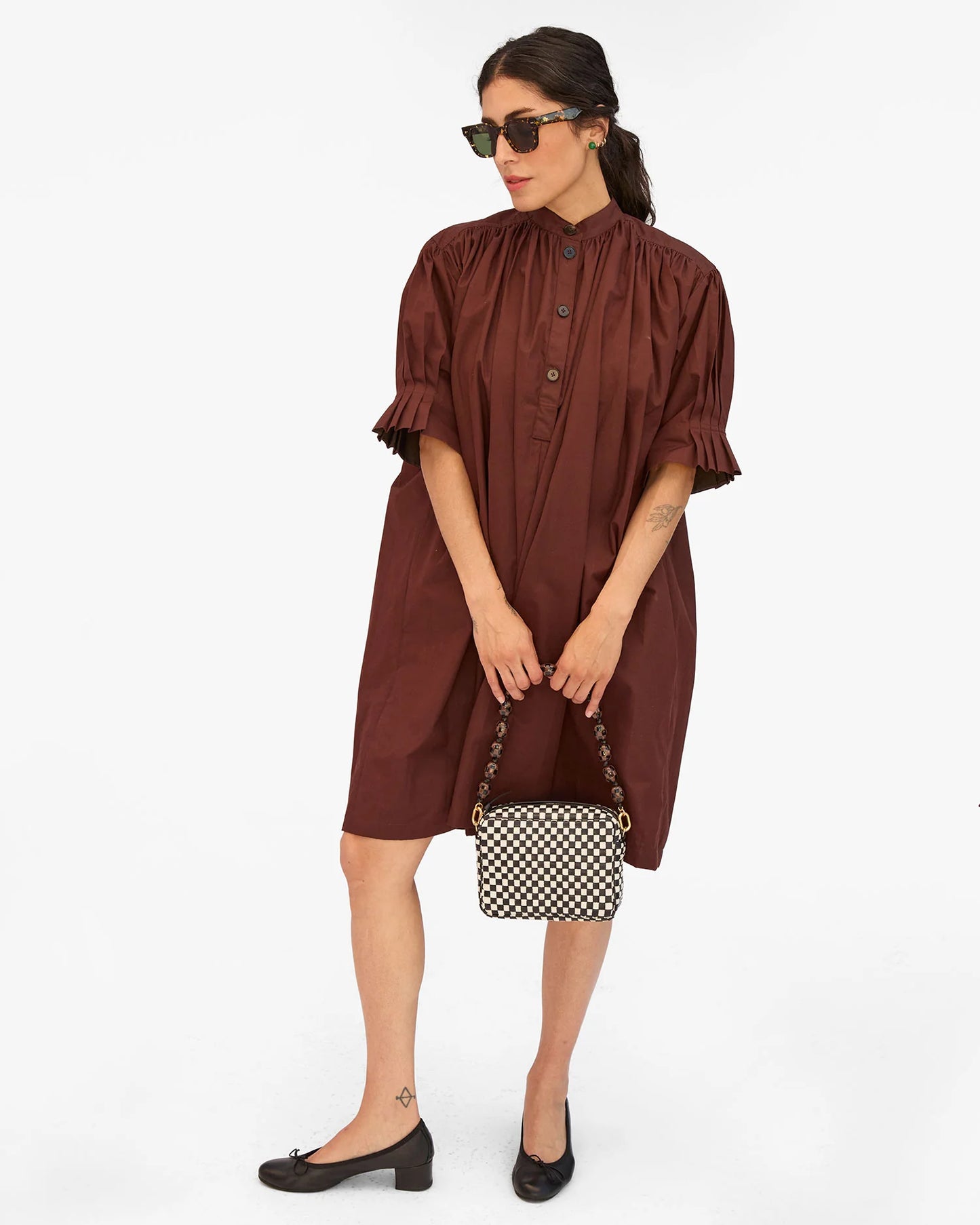 Clare V Shortie Strap, Black/Brown Checker