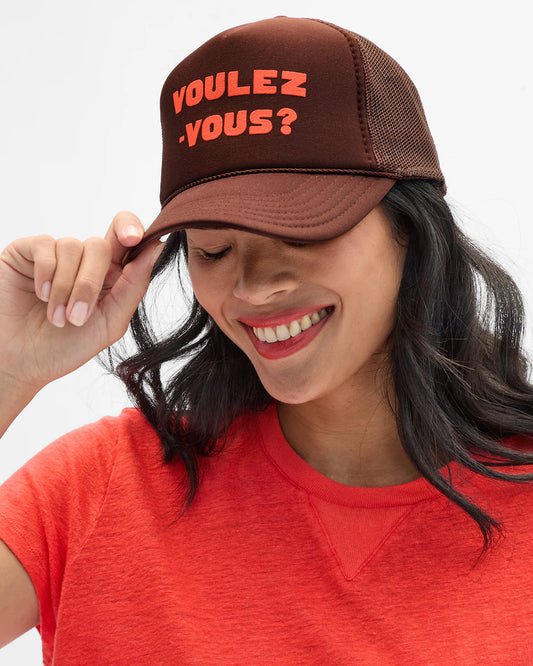 Clare V Trucker Hat, Chocolate w/ L'Orange Voulez-Vous?