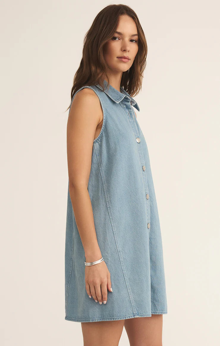 Z Supply New Day Twill Mini Dress, Light Vintage Indigo