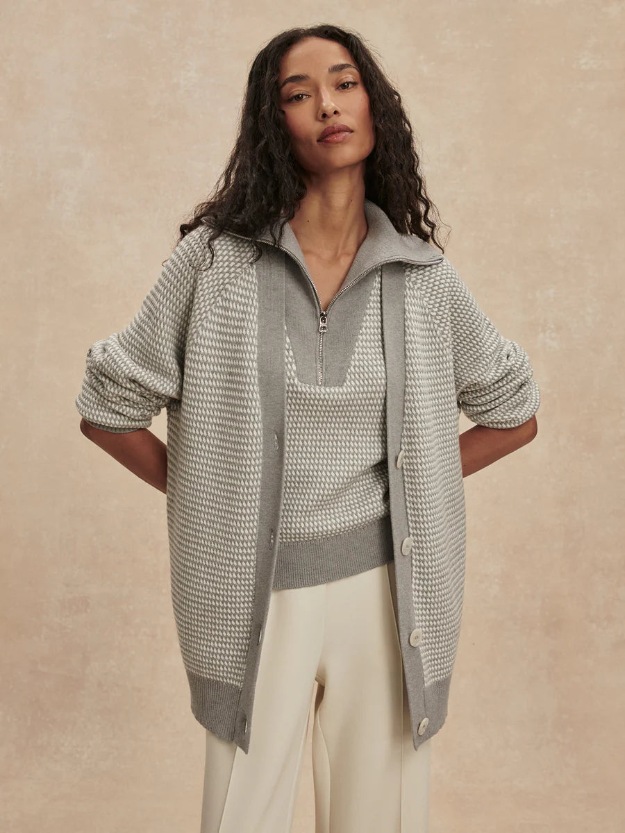 Varley Ryder Knit Cardigan, Grey Melange/ White
