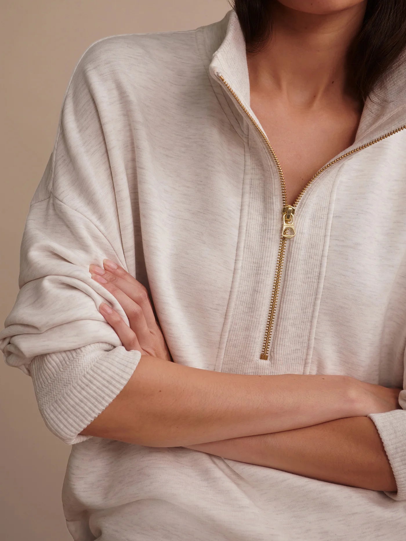 Varley Molly Half-Zip Longline Sweat, Ivory Marl