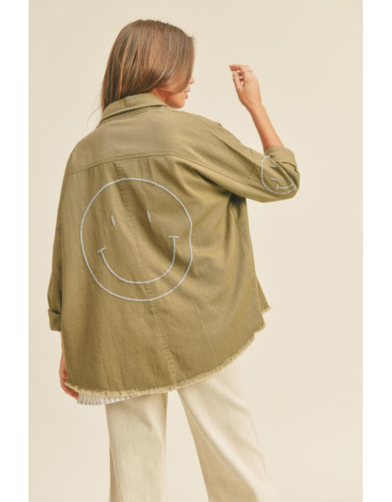 Miou Muse Embroidered Buttondown Shirt Jacket - Olive