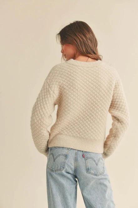 Miou Muse Mini Pompom Textured Sweater Top - Cream